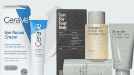 Flat lay of beauty products, including collagen creams and skincare essentials, featured in Amazon Big Spring Sale 2025