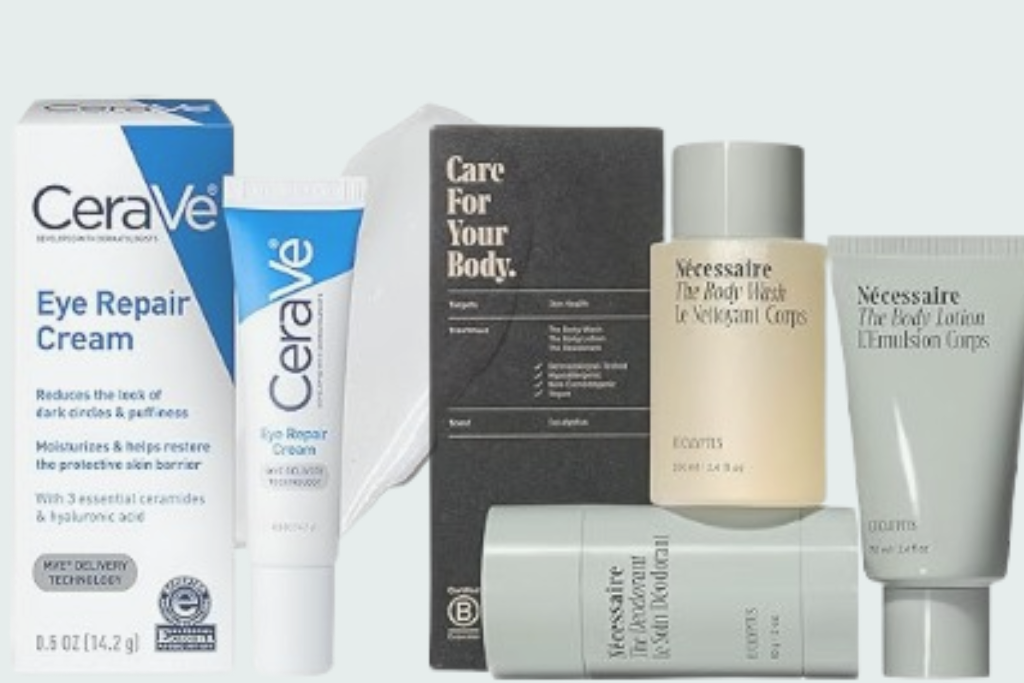 Flat lay of beauty products, including collagen creams and skincare essentials, featured in Amazon Big Spring Sale 2025