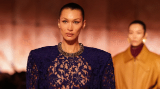 Bella Hadid’s Blue Lace Naked Dress at PFW 2025