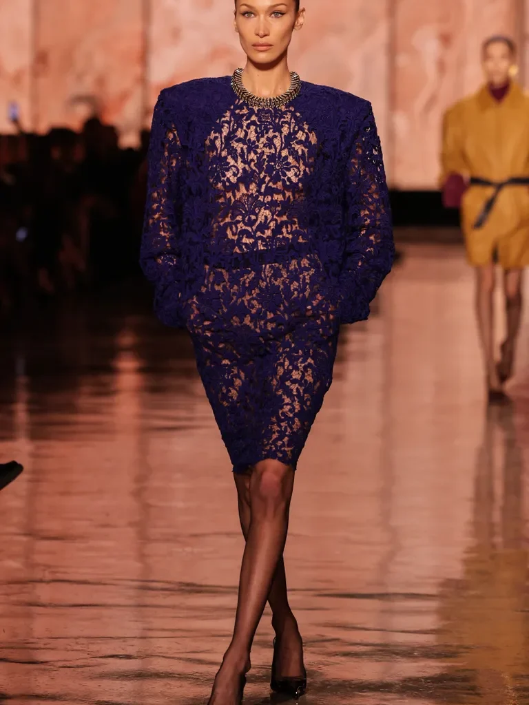 Bella Hadid’s Blue Lace Naked Dress at PFW 2025