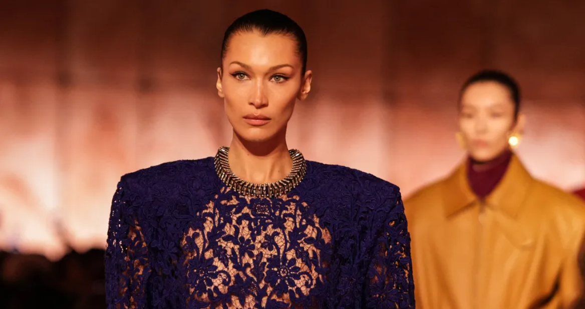 Bella Hadid’s Blue Lace Naked Dress at PFW 2025