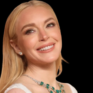 Lindsay Lohan with sleek, platinum-blonde waves channeling old Hollywood glam, reminiscent of Veronica Lake's iconic hairstyle.