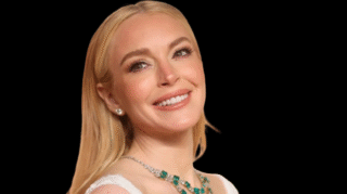 Lindsay Lohan with sleek, platinum-blonde waves channeling old Hollywood glam, reminiscent of Veronica Lake's iconic hairstyle.