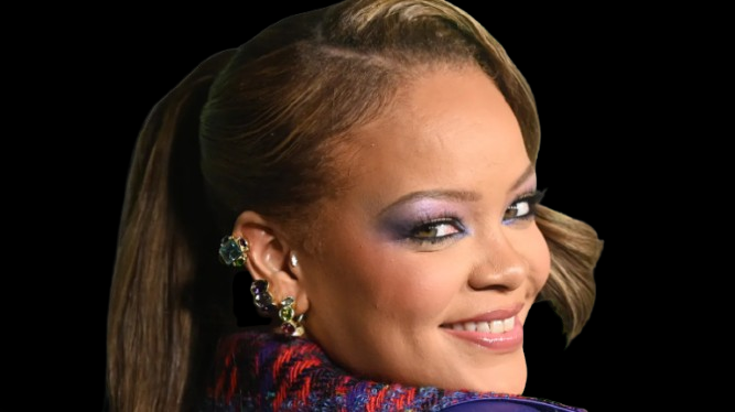 Rihanna with a sleek, curled-under lob haircut paired with chunky sunglasses.