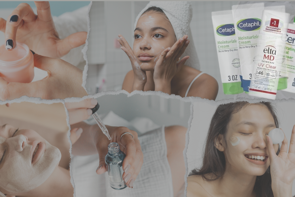 A skincare guild and a flat lay of skincare products including cleansers, moisturizers, serums, and sunscreens arranged on a pastel background.
