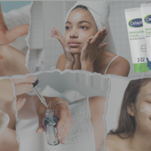 A skincare guild and a flat lay of skincare products including cleansers, moisturizers, serums, and sunscreens arranged on a pastel background.