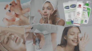 A skincare guild and a flat lay of skincare products including cleansers, moisturizers, serums, and sunscreens arranged on a pastel background.