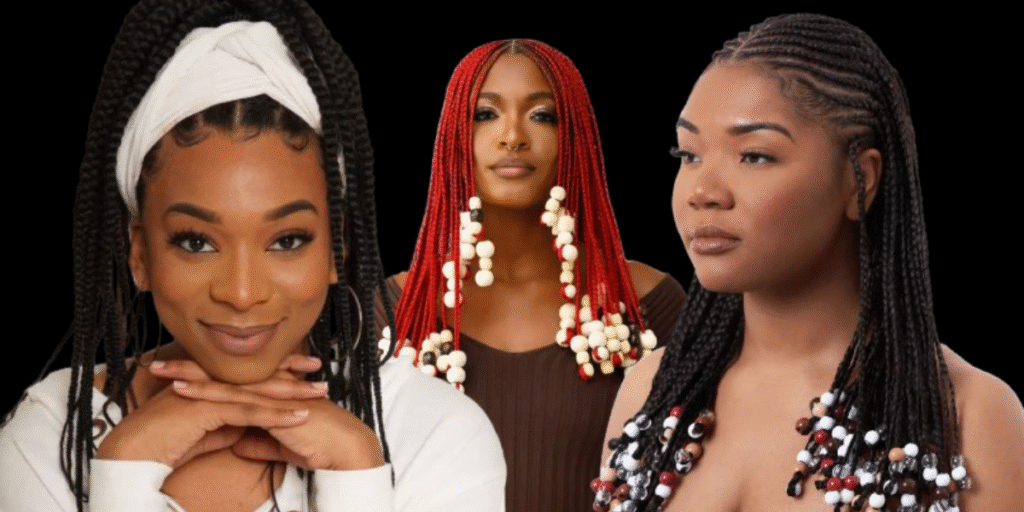 Women flaunting long, healthy braids made from non-toxic, eco-friendly braiding hair brands, showcasing shine, volume, and scalp comfort.