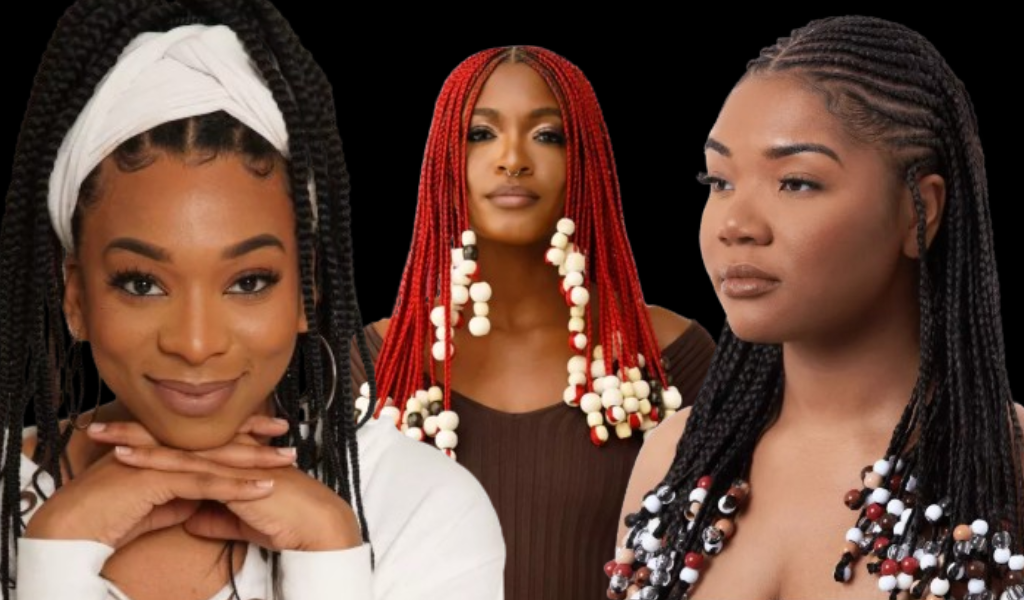 Women flaunting long, healthy braids made from non-toxic, eco-friendly braiding hair brands, showcasing shine, volume, and scalp comfort.