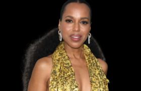 Kerry Washington's low ponytail with sleek roots and voluminous curls, paired with a gold-paillette Burberry dress at the Fashion Trust U.S. Awards.