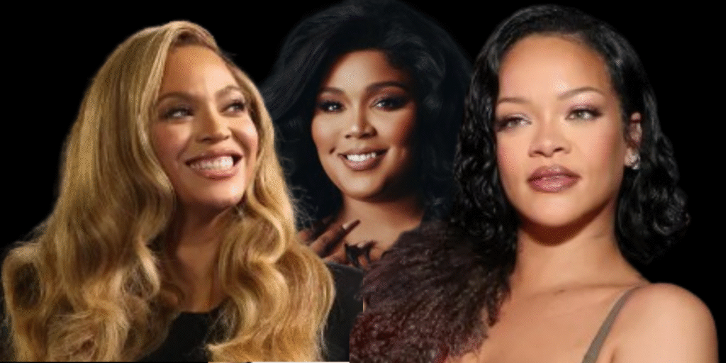 Rihanna and Beyoncé seated at the Oscars with an empty seat between them, allegedly snubbing Lizzo in a viral shade-filled moment.