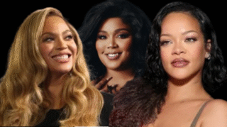 Rihanna and Beyoncé seated at the Oscars with an empty seat between them, allegedly snubbing Lizzo in a viral shade-filled moment.