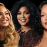 Rihanna and Beyoncé seated at the Oscars with an empty seat between them, allegedly snubbing Lizzo in a viral shade-filled moment.