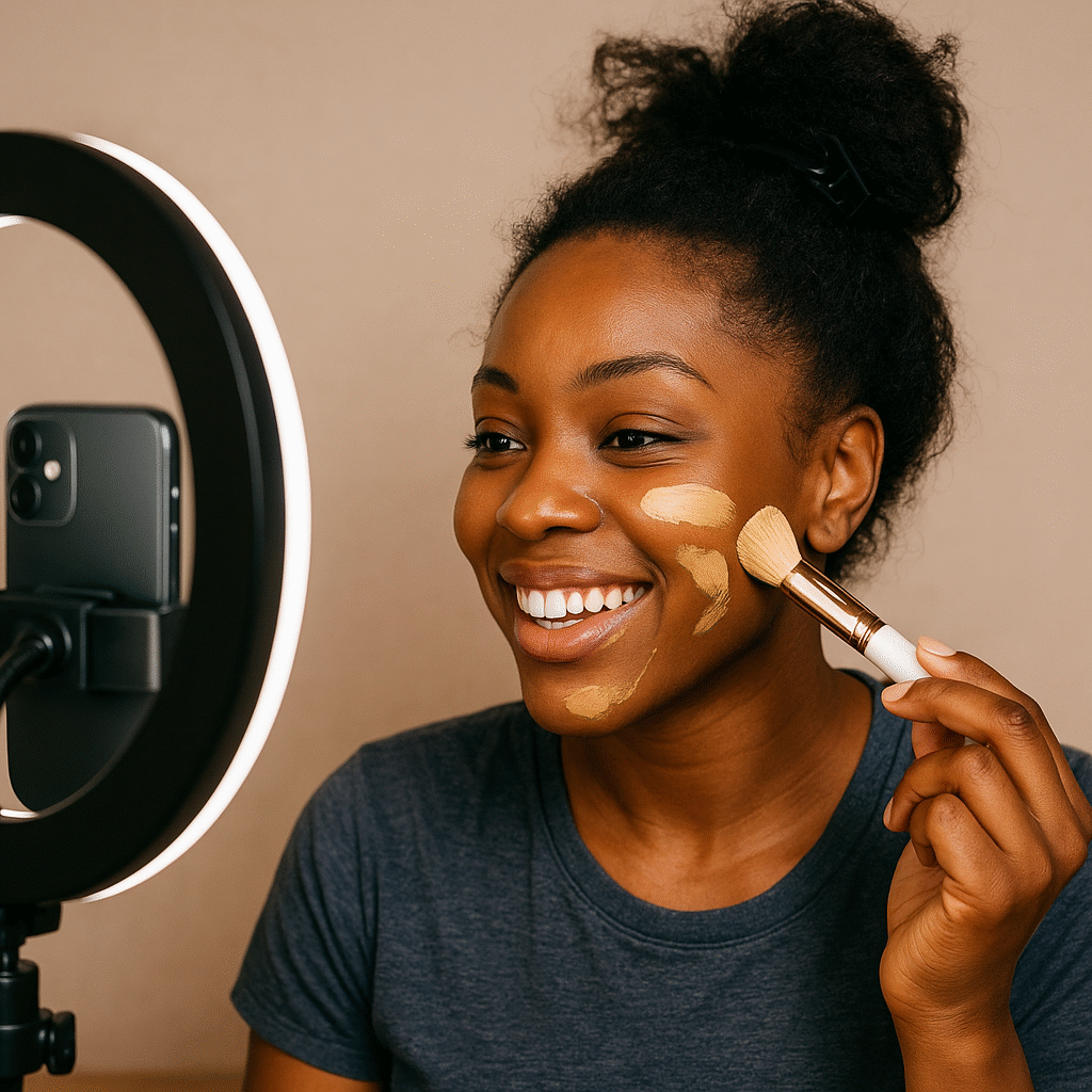 A smiling Black American woman applies foundation with a makeup brush in front of a ring light and smartphone while filming a GRWM TikTok beauty video.