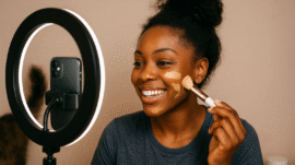 A smiling Black American woman applies foundation with a makeup brush in front of a ring light and smartphone while filming a GRWM TikTok beauty video.