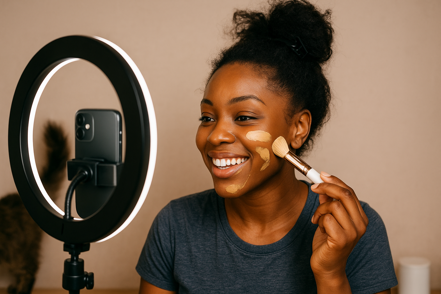 A smiling Black American woman applies foundation with a makeup brush in front of a ring light and smartphone while filming a GRWM TikTok beauty video.