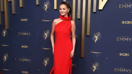 Selena Gomez in a custom Louis Vuitton red gown at the 2025 Emmy Awards.