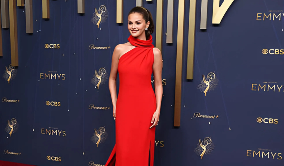 Selena Gomez in a custom Louis Vuitton red gown at the 2025 Emmy Awards.