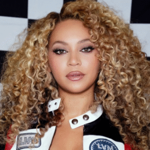 Beyoncé wearing a Louis Vuitton catsuit and showing a classic French manicure at the F1 Las Vegas Grand Prix.