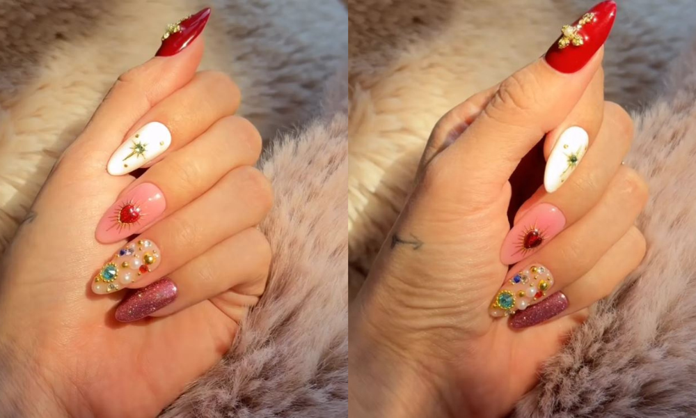 Selena Gomez shows off her ornate jeweled nails with pearls, gems, and gold detailing