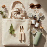 21 Sustainable Swaps for Everyday Life: Small Changes, Big Impact 12 Flat-lay of eco-friendly lifestyle swaps including reusable bottles, refillable beauty products, secondhand clothes, and zero-waste home essentials.”