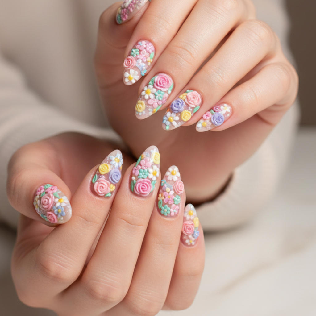 3D micro-floral nail art with pastel roses on Instagram-worthy nails