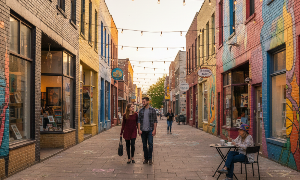 Hidden Gem Domestic Trips for 2025: Less Crowds, More Style 3 Colorful murals, indie shops, and outdoor cafés in a small artsy town, showcasing local culture and creativity without crowds.