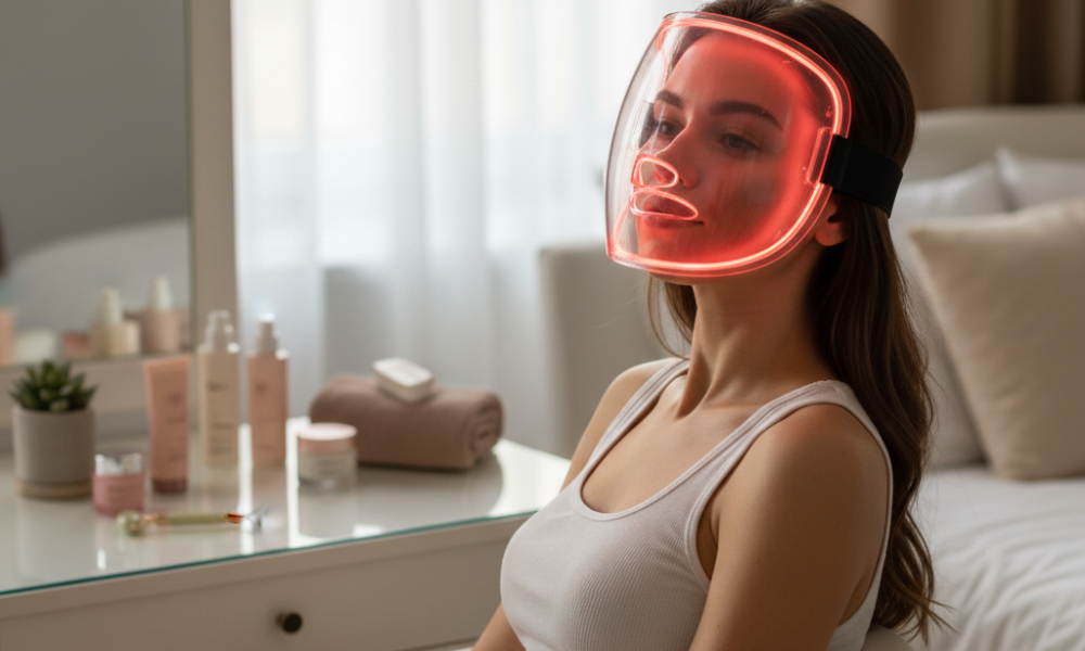 At-Home LED Light Therapy Devices: Which Ones Actually Deliver Results? 40 Woman using red LED light therapy mask at home for anti-aging and glowing skin