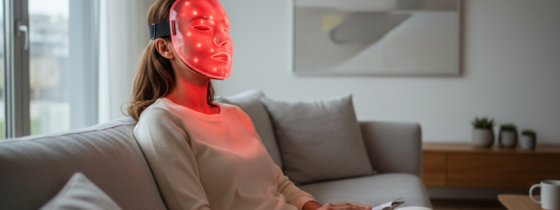 6 Top Longevity & Wellness Tech You Can Use at Home 4 Woman using a red light therapy face mask at home, glowing red light on face, wearable tracker on wrist