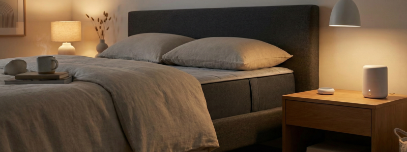 6 Top Longevity & Wellness Tech You Can Use at Home 3 Modern bedroom with sleep tech including a wearable tracker on the bedside table, smart mattress, cooling pad on bed, and white noise machine