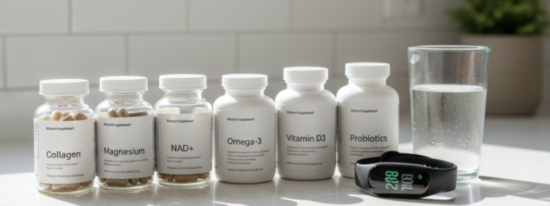 6 Top Longevity & Wellness Tech You Can Use at Home 5 Close-up of collagen, NAD+, magnesium, omega-3, vitamin D, and probiotic supplements on a kitchen counter