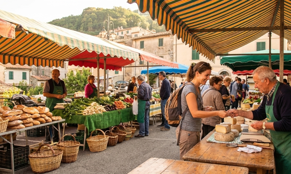 Hidden Gem Domestic Trips for 2025: Less Crowds, More Style 6 Traveler enjoying an outdoor market with local vendors selling fresh food and handmade goods, highlighting hidden-gem culinary experiences.