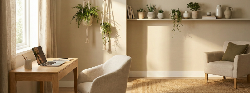 Home Office Trends 2025: 6 Stylish Design Ideas for Comfort + Focus 3 Minimalist home office corner with natural wood furniture, hanging and potted plants, linen textures, sunlight, and laptop, demonstrating biophilic design as part of Home Office Trends 2025.
