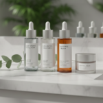 Luxury biotech skincare products including lab-grown collagen and peptide serums on a