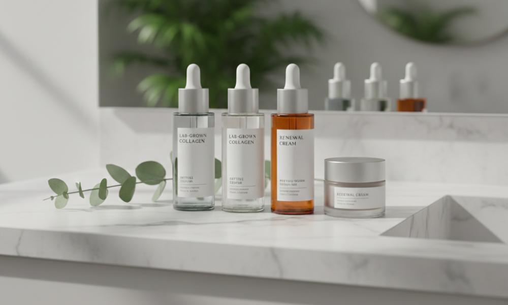 Biotech Skincare Explained: What’s Hype vs. Helpful 38 Luxury biotech skincare products including lab-grown collagen and peptide serums on a