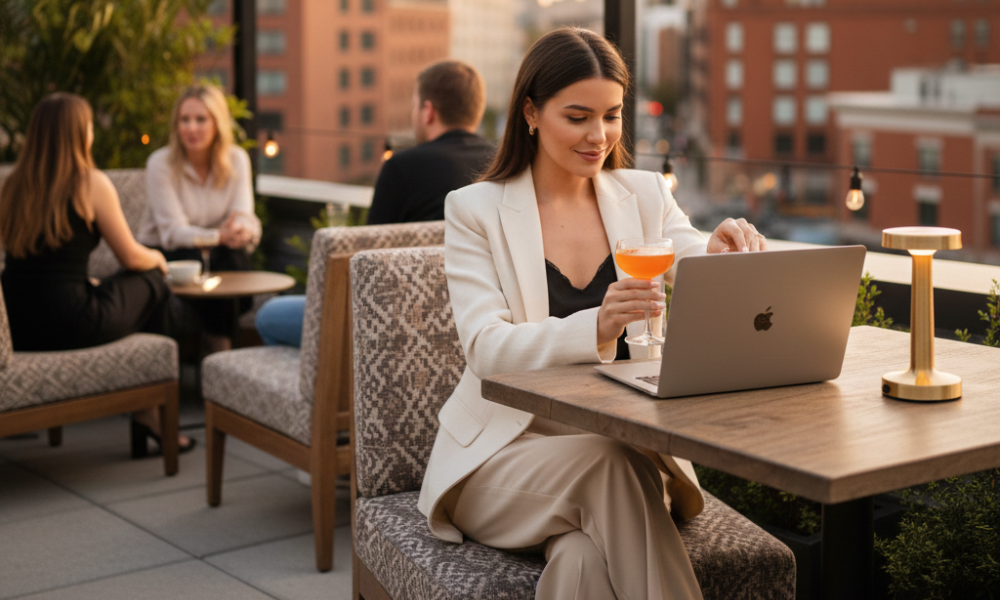 Bleisure Playbook: 11 Tips to Combine Work Trips With Mini Vacations 5 Bleisure traveler relaxing on hotel rooftop lounge after work, combining leisure and productivity with city skyline view