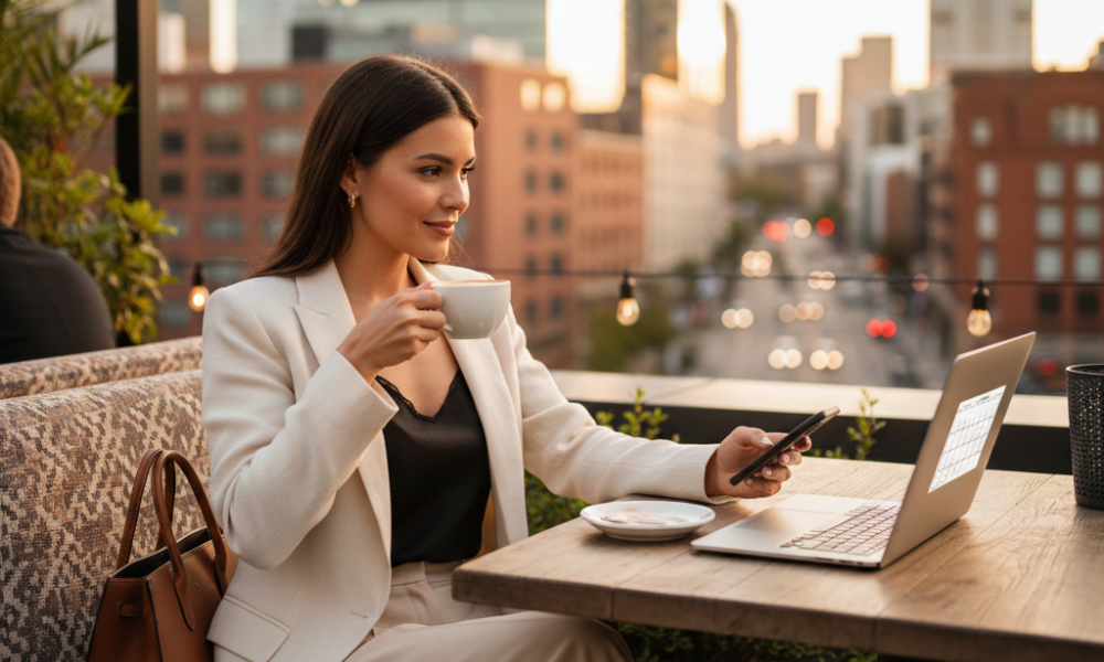 Bleisure Playbook: 11 Tips to Combine Work Trips With Mini Vacations 1 Woman working on laptop in a stylish hotel coworking space during bleisure trip”