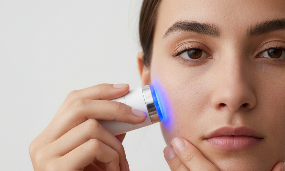 At-Home LED Light Therapy Devices: Which Ones Actually Deliver Results? 2 Blue LED light therapy device applied on acne-prone skin for at-home treatment