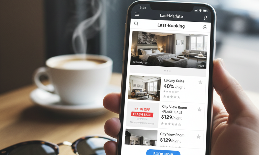 Same-Day Bookings & Last-Minute Travel: How to Profit from the Trend 2 Smartphone showing same-day hotel booking app with discounted rates, casual travel accessories nearby."