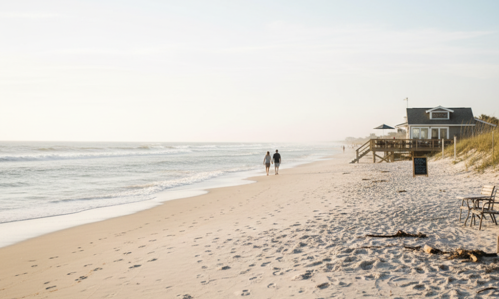 Hidden Gem Domestic Trips for 2025: Less Crowds, More Style 4 Quiet beach at Sullivan’s Island with gentle waves, a seaside café, and few visitors, showcasing a peaceful coastal hidden-gem destination.
