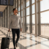 Same-Day Bookings & Last-Minute Travel: How to Profit from the Trend 8 Young woman at airport checking phone for last-minute travel deals with excitement and suitcase beside her.