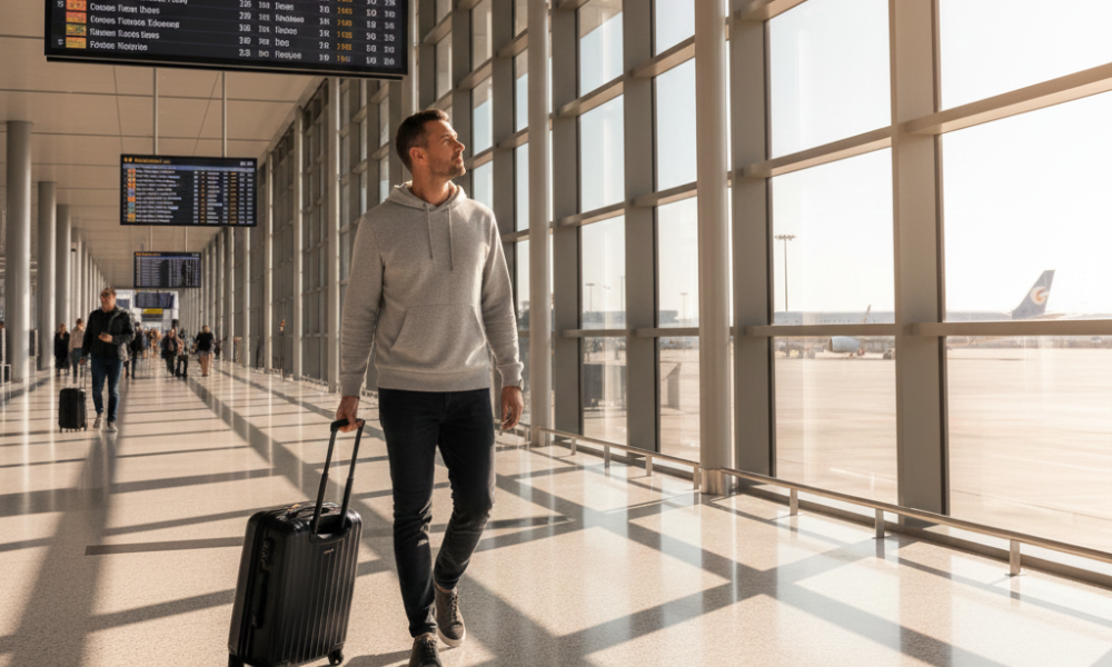 Same-Day Bookings & Last-Minute Travel: How to Profit from the Trend 43 Young woman at airport checking phone for last-minute travel deals with excitement and suitcase beside her.