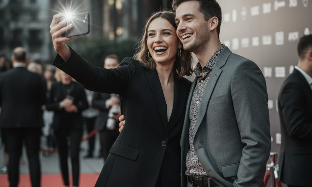 ENM (Ethical Non-Monogamy) 101: Safe, Honest Ways People Are Dating Now 4 A stylish couple taking a selfie outside a media event, with subtle paparazzi flashes, representing how celebrities influence ENM trends.