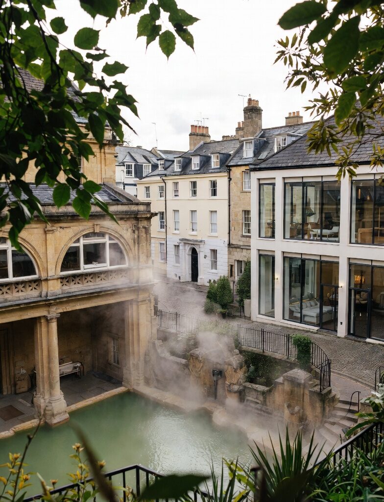 Microcation Guide: 2–4 Day Itineraries That Feel Like a Real Escape 7 Vertical image of Bath showing Roman baths, Georgian architecture, and a modern spa, representing a chic weekend getaway from London.