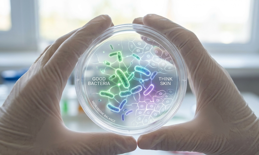 Microbiome & Barrier Repair: The Ingredients to Use (and Avoid) 2 Realistic close-up of a woman’s hand holding a clear petri dish with a skin microbiome illustration overlay, showing healthy bacteria thriving, natural lighting, soft focus background, lab aesthetic