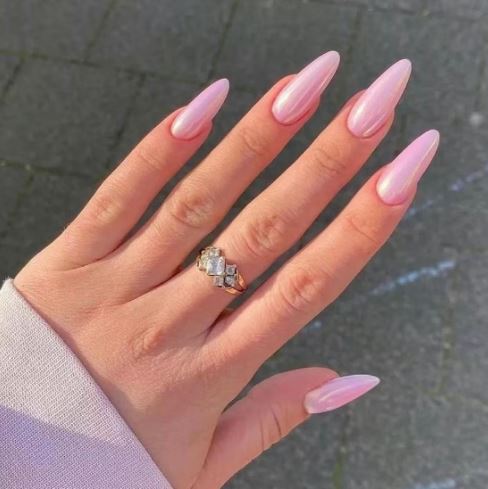 Close up of Rose Pearl Nails Think pink glazed donut nails