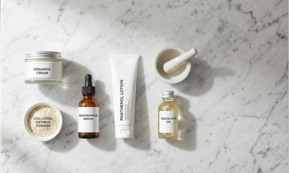 Microbiome & Barrier Repair: The Ingredients to Use (and Avoid) 3 Flat lay of dermatologist-approved skincare ingredients including ceramide cream, niacinamide serum, panthenol lotion, squalane oil, and colloidal oatmeal powder arranged neatly on a marble countertop with realistic lighting and shadows