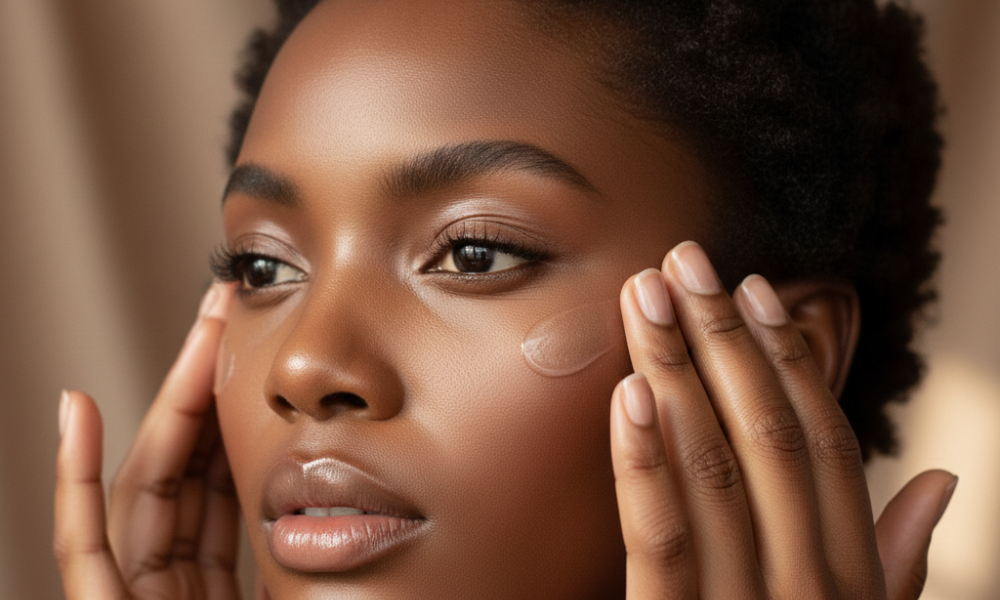 Glossy Lids & Dewy Bases: The 2025 “Glass” Eye Look 2 Black American woman prepping her skin with moisturizer and primer for a dewy, glowing makeup base.