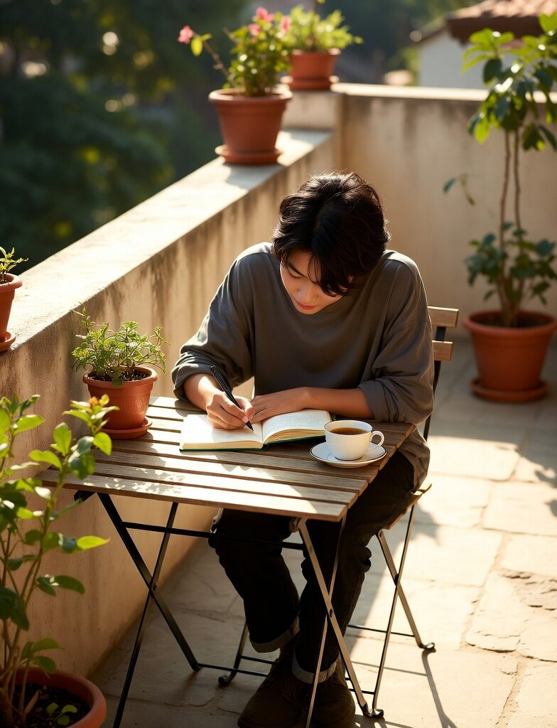 Digital Detox Routines That Actually Stick: Weekenders to 30-Day Challenges 6 Young adult journaling outdoors with sunlight and plants, enjoying benefits of a digital detox and mindful living