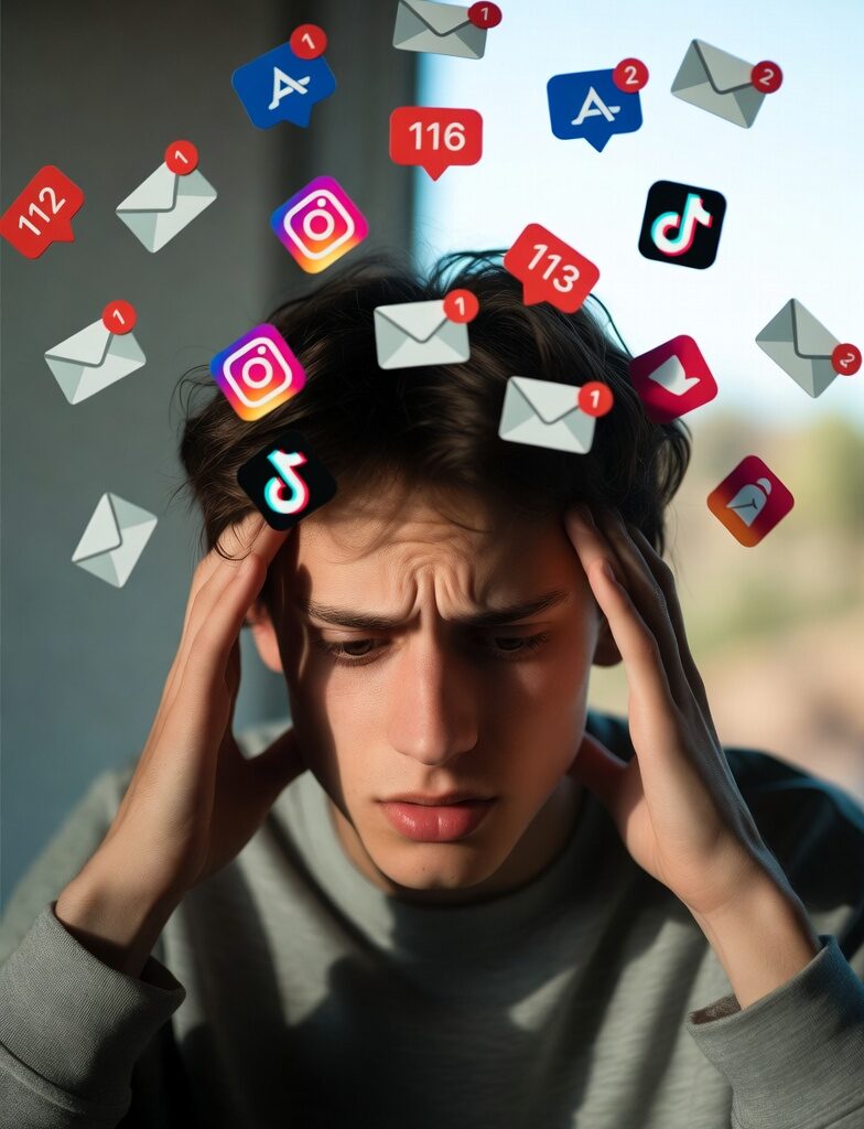 Digital Detox Routines That Actually Stick: Weekenders to 30-Day Challenges 3 Young adult appearing stressed with social media notifications floating around, highlighting reasons for a digital detox.